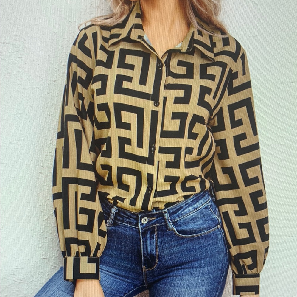 Geometric Patterned Black And Tan Women's Top
